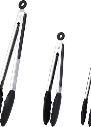 Kitchen Tongs Set of 3, Black Cooking Tongs with Silicone Tips, Non-Stick Non-Scratch Heat Resistant Tongs for Grilling Cooking BBQ Buffet Salad (Black, 7/9/12 Inch)