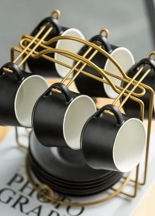 YHOSSEUN Ceramic Espresso Cups Set of 6, 4 Oz Expresso Shots Cup with Stand & Saucers, Small Coffee Espresso Cup Demitasse Cups, Black