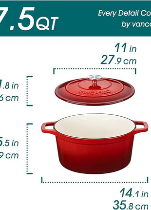 vancasso Enameled Cast Iron Dutch Oven, 7.5 QT Dutch Oven Pot with Lid, Round Enamel Dutch Oven for Bread Baking, Non Stick Enamel Coating, Pot's Body Cast Iron, Red