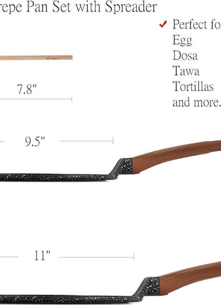 ESLITE LIFE Nonstick Crepe Pan Set with Spreader, 9.5 & 11 Inch Granite Coating Flat Skillet Dosa Tawa Comales Para Tortillas Pancake Pan, PTFE & PFOA Free, Black