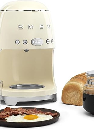 Smeg 50's Retro Style Aesthetic Drip Coffee Machine with 10 Cup Glass Carafe, Auto Start Feature, Keep Warm Plate, and Two Coffee Strength Settings (Cream)