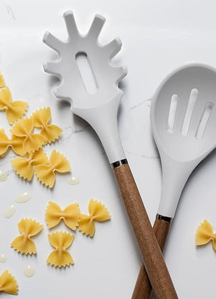 Country Kitchen Non Stick Silicone Utensil Set with Rounded Wood Handles for Cooking and Baking, 8 Piece Set, White