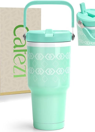 30 oz Tumbler with Handle, Vacuum Insulated Tumblers with Flip Straw and Top Handle, Reusable Insulated Cup for Home, Outdoors, Leakproof, Fits in Cup Holder, Cold for 30 Hours