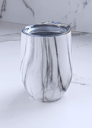 CHILLOUT LIFE 12 oz Stainless Steel Wine Tumblers 2 Pack - Double Wall Vacuum Insulated Wine Glasses Cups with Lids and Straws Set Keeping Cold & Hot for Coffee, Beer, Ice Cream - Carrara Marble