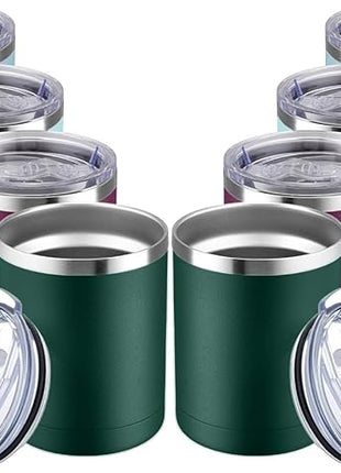 MEWAY 12oz Coffee Mug With Handle 2 Pack Bulk,Stainless Steel Insulated Travel Tumblers With Sliding Lid,Double Wall Vacuum Camping Cup for Hot & Cold Drinks Tea (Forest Green&Plum,Set of 8)