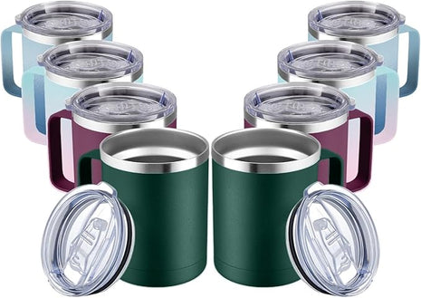 MEWAY 12oz Coffee Mug With Handle 2 Pack Bulk,Stainless Steel Insulated Travel Tumblers With Sliding Lid,Double Wall Vacuum Camping Cup for Hot & Cold Drinks Tea (Forest Green&Plum,Set of 8)