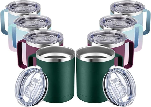 MEWAY 12oz Coffee Mug With Handle 2 Pack Bulk,Stainless Steel Insulated Travel Tumblers With Sliding Lid,Double Wall Vacuum Camping Cup for Hot & Cold Drinks Tea (Forest Green&Plum,Set of 8)