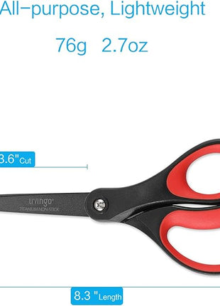 LIVINGO 2 Pack 8" Titanium Non-Stick Scissors, Professional Stainless Steel Comfort Grip, All-Purpose, Straight Office Craft Scissors for DIY(Red/Black)