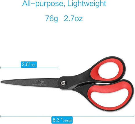 LIVINGO 2 Pack 8" Titanium Non-Stick Scissors, Professional Stainless Steel Comfort Grip, All-Purpose, Straight Office Craft Scissors for DIY(Red/Black)