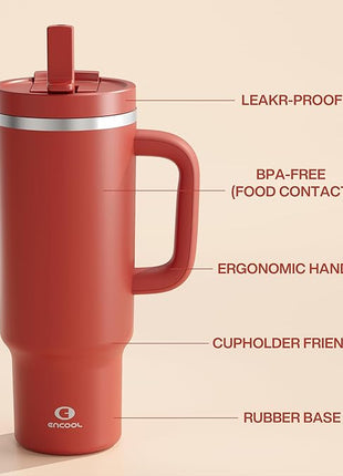 40 oz Tumbler with Handle and Straw: Stainless Steel Insulated Tumbler Keeps Cold for 24 Hours, Leakproof Travel Cup Fits in Cup Holder and BPA-Free,Medium Carmine