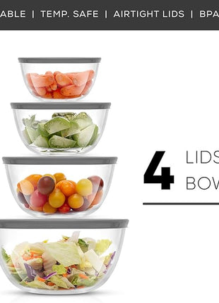 JoyJolt Kitchen Mixing Bowls - 8pc Glass with Lids Set – Neat Nesting Large Bowl Batter Cooking Storage and Big Salad BPA-Free Gray