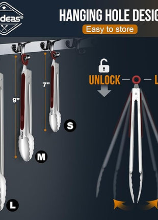 Tongs For Cooking - 7",9" and 12 inch Kitchen Tong Heat Resistant 600 Degrees Stainless Steel Tongs, Heavy Duty Metal Locking Tong, Perfect for Food, BBQ Red Set of 3