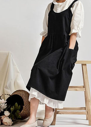 Uaussi Cotton Linen Apron Cross Back Work Apron for Women with Pockets Pinafore Dress X Cross Halter Apron for Chef Gardening