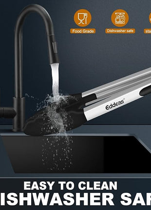 Kitchen Tongs with Silicone Tips, Tongs for Cooking Heat Resistant 600 Degrees Stainless Steel Locking Tong - 7" 9" & 12 inch Silicone Tong Non-Stick, Black Set of 3