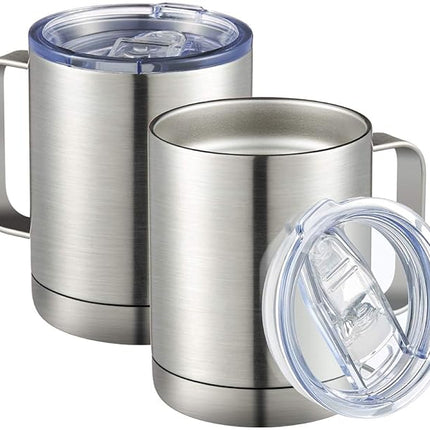 MEWAY 12oz Coffee Mug With Handle 2 Pack Bulk,Stainless Steel Insulated Travel Tumblers With Sliding Lid,Double Wall Vacuum Camping Cup for Hot & Cold Drinks Tea (Sliver,Set of 2)