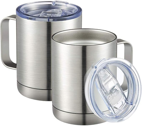 MEWAY 12oz Coffee Mug With Handle 2 Pack Bulk,Stainless Steel Insulated Travel Tumblers With Sliding Lid,Double Wall Vacuum Camping Cup for Hot & Cold Drinks Tea (Sliver,Set of 2)