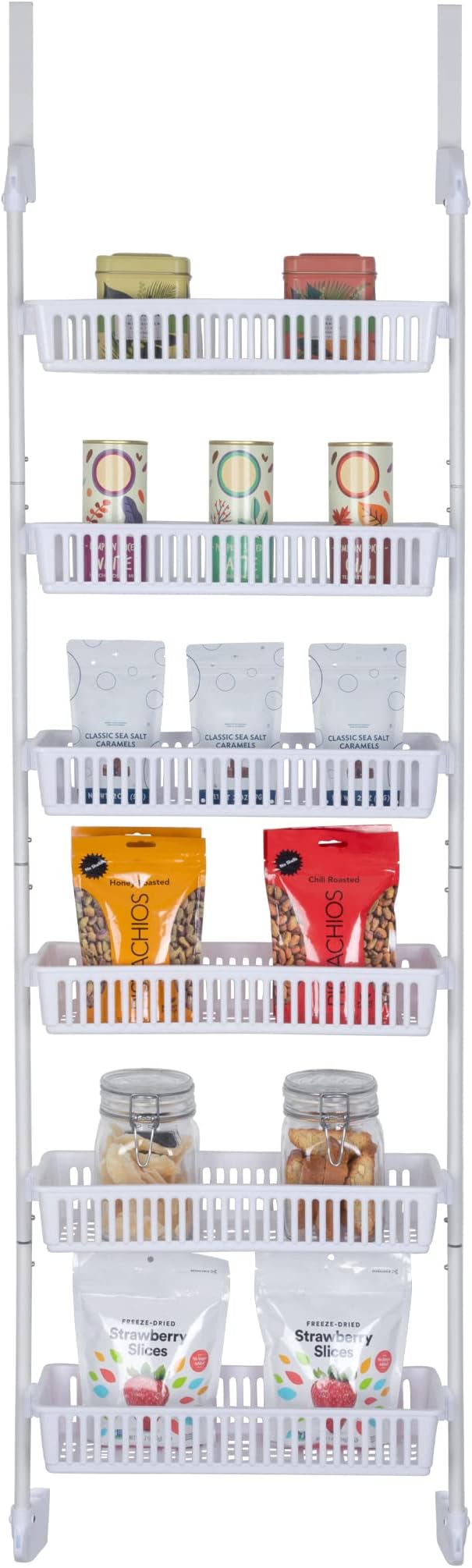 Smart Design Over-The-Door Organizer for Storage – Perfect for Pantry Organization, Bedroom, Bathroom Storage, Playroom, or Kitchen - Adjustable Steel Frame with 6 Baskets & Wall Mount – White