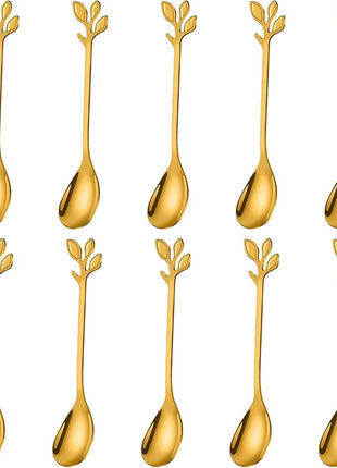 AnSaw Elegant Gold Leaf Coffee Spoons - 10-Piece, 4.7" Mini Stainless Steel Espresso & Dessert Tea Spoons, Perfect for Demitasse & Small Servings