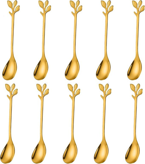 AnSaw Elegant Gold Leaf Coffee Spoons - 10-Piece, 4.7" Mini Stainless Steel Espresso & Dessert Tea Spoons, Perfect for Demitasse & Small Servings