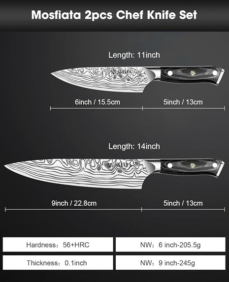 MOSFiATA 2Pcs Chef Knife Set, Sharp Kitchen Knife High Carbon German EN1.4116 Stainless Steel Cooking Knife, 9"&6" Chopping Knife Kitchen Knives Set with Ergonomic Handle, Gift Box