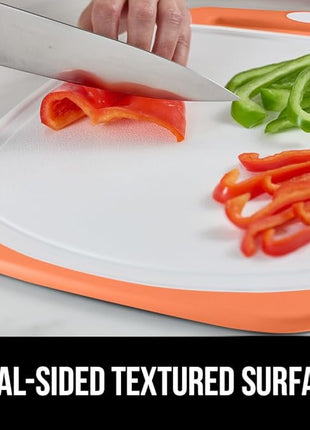 GORILLA GRIP BPA-Free Reversible Kitchen Cutting Board Set of 3 US Designed, Nonporous, Juice Grooves Catch Liquid, Slip Resistant Border, Dishwasher Safe Large Food Chopping Boards, Lime Orange Lemon