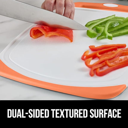 GORILLA GRIP BPA-Free Reversible Kitchen Cutting Board Set of 3 US Designed, Nonporous, Juice Grooves Catch Liquid, Slip Resistant Border, Dishwasher Safe Large Food Chopping Boards, Lime Orange Lemon
