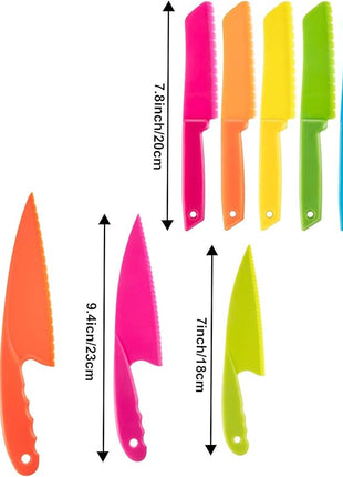 JOVITEC 8 Pcs Kid Cooking Kitchen Knife Set, Plastic Serrated Edges Children's Safe Chef Nylon Knives for Cutting Fruit Bread Cake Salad Lettuce Kids Cooking Supply(Blue Square Knife)