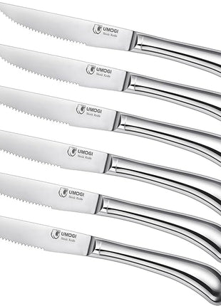 Steak Knives Set of 6 - High Carbon Stainless Steel, Dishwasher Safe - Polished Shiny Blade & Handle, Serrated Edge - Kitchen Table Knife Set, 4.5’’ Dinner Knife Non Straight