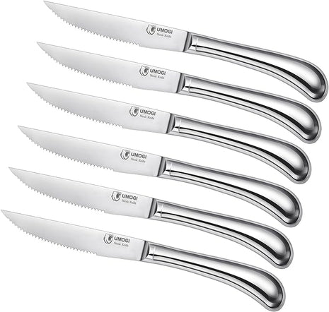 Steak Knives Set of 6 - High Carbon Stainless Steel, Dishwasher Safe - Polished Shiny Blade & Handle, Serrated Edge - Kitchen Table Knife Set, 4.5’’ Dinner Knife Non Straight