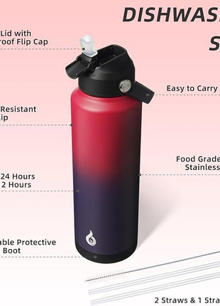 BJPKPK Insulated Water Bottle with Straw Lid, 40oz Large Thermo, BPA Free Leak Proof Stainless Steel Metal Water Bottles, Tumblers, Cups, Flasks for Travel, Sports,Charming Red