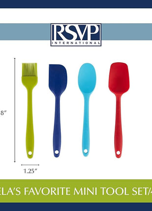 RSVP International Ela Series Mini Spatula Set for Cooking & Baking Silicone Rubber Scraper, Great Tool for Kids, Spoon, Spatula & Brush, 4 Piece Set, Assorted Colors, 4 Count