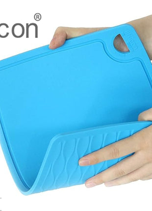 Liflicon Thick Cutting Boards for Kitchen Silicone Chopping Board Set of 2 Mid 12.6'' x 9.1”,Mini 9.1”x7.1” Non-slip Deep Drip Juice Groove Easy Grip Handle,Dishwasher Safe-Blue