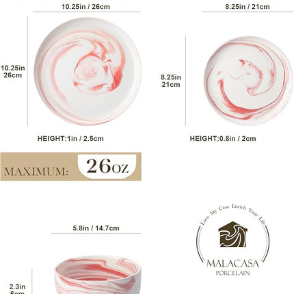 MALACASA Plates and Bowls Sets, 12 Pieces Porcelain Dinnerware Sets Dishware Sets Chip Resistant Ceramic Dish Set Dining Dinner Ware Service for 4, Marble Pink, Series LUNA