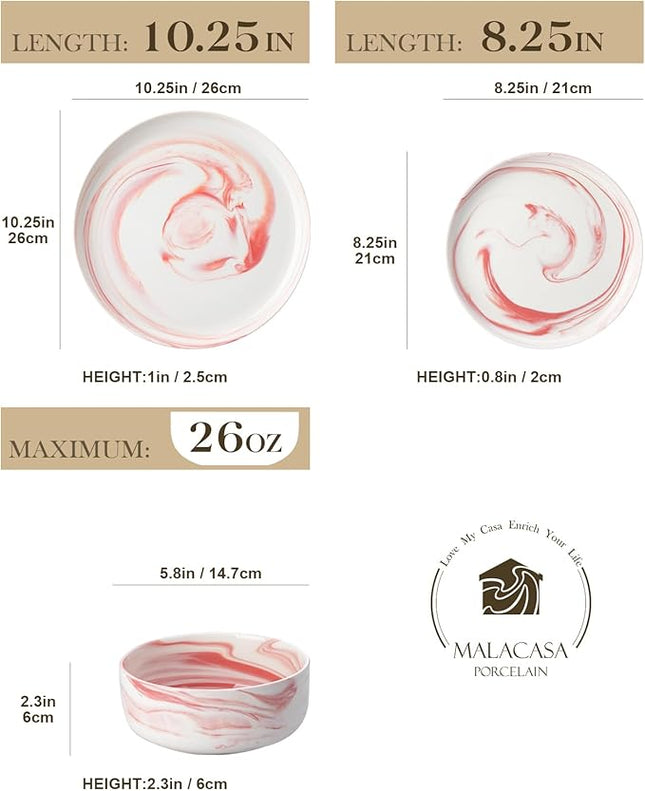 MALACASA Plates and Bowls Sets, 12 Pieces Porcelain Dinnerware Sets Dishware Sets Chip Resistant Ceramic Dish Set Dining Dinner Ware Service for 4, Marble Pink, Series LUNA