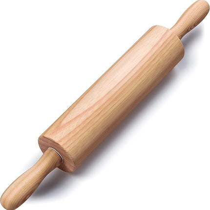 Wooden Rolling Pin 17.6 Inch with Rotating Ergonomic Handles – Classic Beech Wood Dough Roller for Baking Pizza, Pastry, Bread, and Cookies