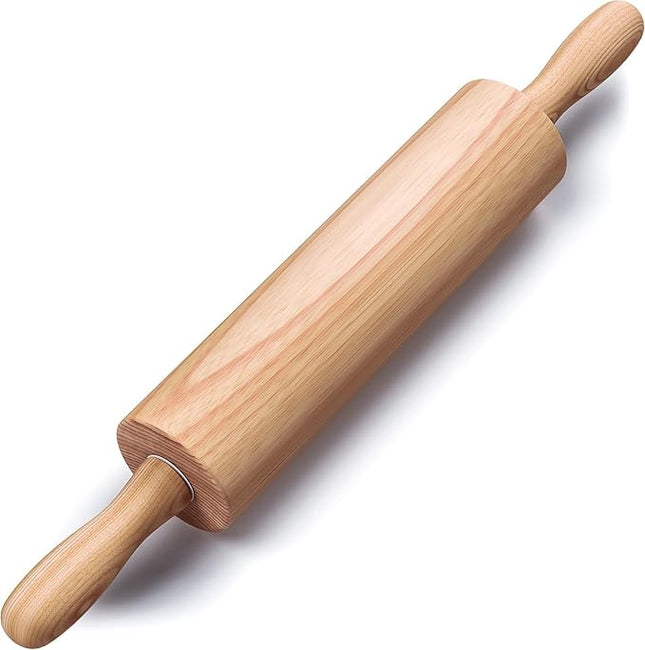 Wooden Rolling Pin 17.6 Inch with Rotating Ergonomic Handles – Classic Beech Wood Dough Roller for Baking Pizza, Pastry, Bread, and Cookies