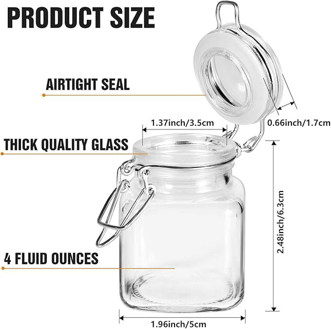 SPANLA Spice Jars, 12 Pack 4oz Small Glass Jars with Airtight Hinged Lid, With 12 Spice Labels & Silicone Funnels, Airtight Glass Jars for Spices, Art Craft Storage (12 Pack)