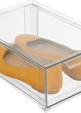 mDesign Plastic Closet Organizer Bin w/Pull Out Drawer - Shallow Stackable Storage for Closet - Organization for Shoes, Clothes, Bags, Totes, and Small Linens - Lumiere Collection - Clear