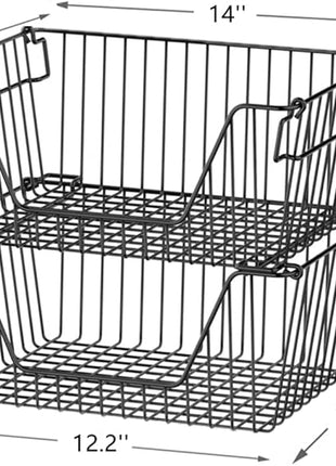 Slideep Wire Storage Baskets, Freezer Baskets Farmhouse Stackable Organizer Storage Bins Large Organizer for Storage, Office, Bathroom, Pantry Organization Storage with Handles 14" Black -Set of 3