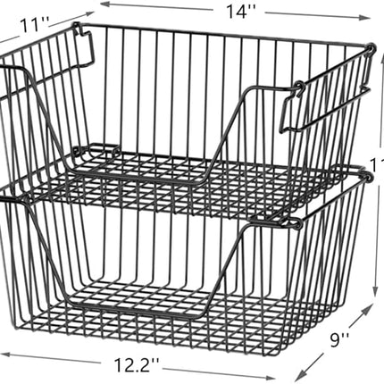 Slideep Wire Storage Baskets, Freezer Baskets Farmhouse Stackable Organizer Storage Bins Large Organizer for Storage, Office, Bathroom, Pantry Organization Storage with Handles 14" Black -Set of 3