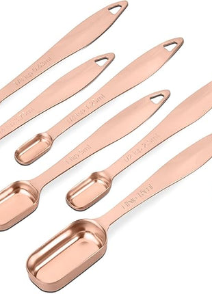 Accurate 18/8 Stainless Steel Measuring Spoons, Heavy Duty Good Handle Set of 6 Measuring Spoon with Ring Connector, Rose Gold