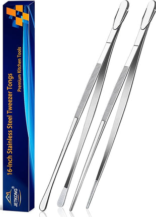 JETKONG 2 Pcs 16-Inch Kitchen Tweezers Extra Long Tweezer Tongs, Heavy Duty Stainless Steel Cooking Tweezers (Silver)