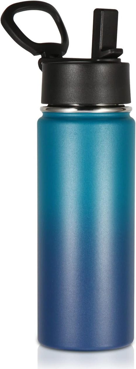 Volhoply 18oz Kids Insulated Water Bottle,Stainless Steel Water Bottles with Straw Lid,Wide Mouth Reusable Metal Sports Water Flask,Double Wall Vacuum Travel Cups For Cold Drink(Dark Night,1 Set)