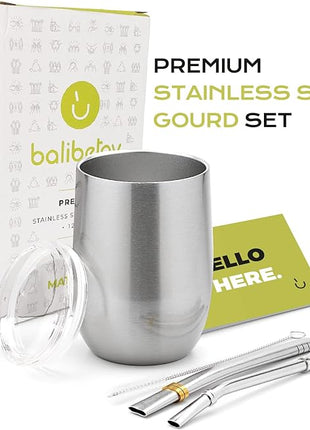 BALIBETOV 5 pcs large Yerba Mate Cup and Bombilla Kit, Includes one 12 oz Yerba Mate Gourd with Lid, Two Bombillas Mate Straw and one cleaning brush | Stainless steel | Double Walled