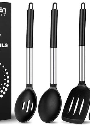 Pack of 4 Large Silicone Cooking Spatulas and Spoons, Slotted and Solid Stainless Steel Cooking Utensils Set, Non-stick Heat Resistant Kitchen for Baking, Fried, Stir-Fry, Mixing, Serving (Black)