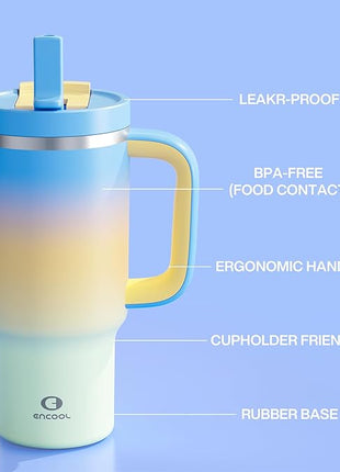 ENCOOL 32 oz Tumbler with Handle and Straw: Stainless Steel Insulated Tumbler Keeps Cold for 24 Hours, Leakproof Travel Cup Fits in Cup Holder and BPA-Free, Sunny Breeze