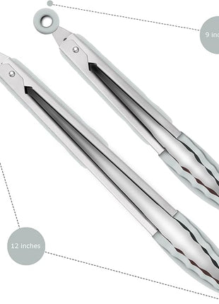 2 Pack Warm Grey Kitchen Tongs, Premium Silicone BPA Free Non-Stick Stainless Steel BBQ Cooking Grilling Locking Food Tongs, 9-Inch & 12-Inch