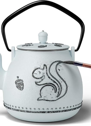 Toptier Teapot with Removable Infuser, Cast Iron Tea Kettle Stovetop Safe, Squirrel Design Tea Pot Coated with Enameled Interior for 32 Ounce (950 ml), Light Blue