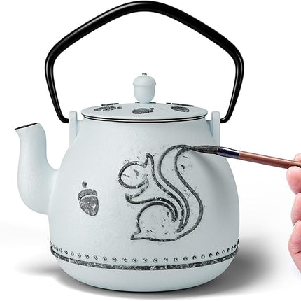 Toptier Teapot with Removable Infuser, Cast Iron Tea Kettle Stovetop Safe, Squirrel Design Tea Pot Coated with Enameled Interior for 32 Ounce (950 ml), Light Blue