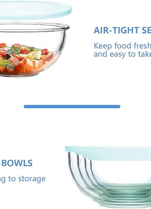 WhiteRhino 8 Piece Glass Bowls with Lids, Heat Resistant Glass Mixing Bowls Set (3.7QT, 2.1QT, 1.1QT, 0.53QT), Clear Salad Bowls with BAP-Free Lids for Kitchen, Oven Microwave Dishwasher Safe